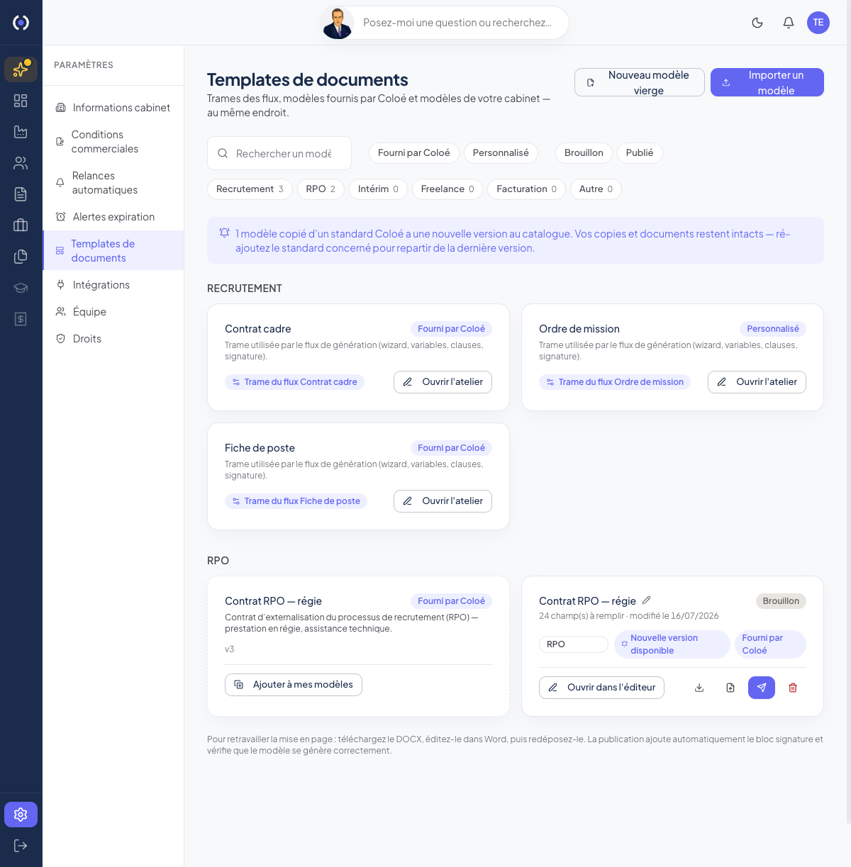 Coloé.ai — galerie des modèles de documents
